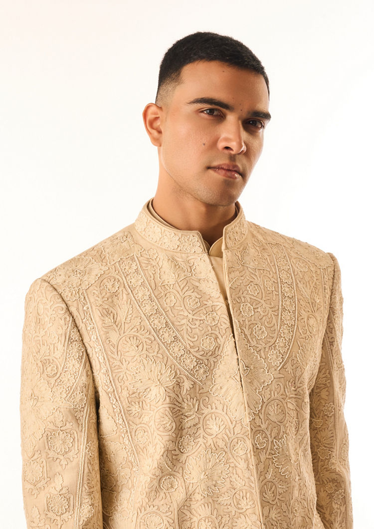 Twamev Men Beige Art Silk Indo Western Kurta with Embroidery