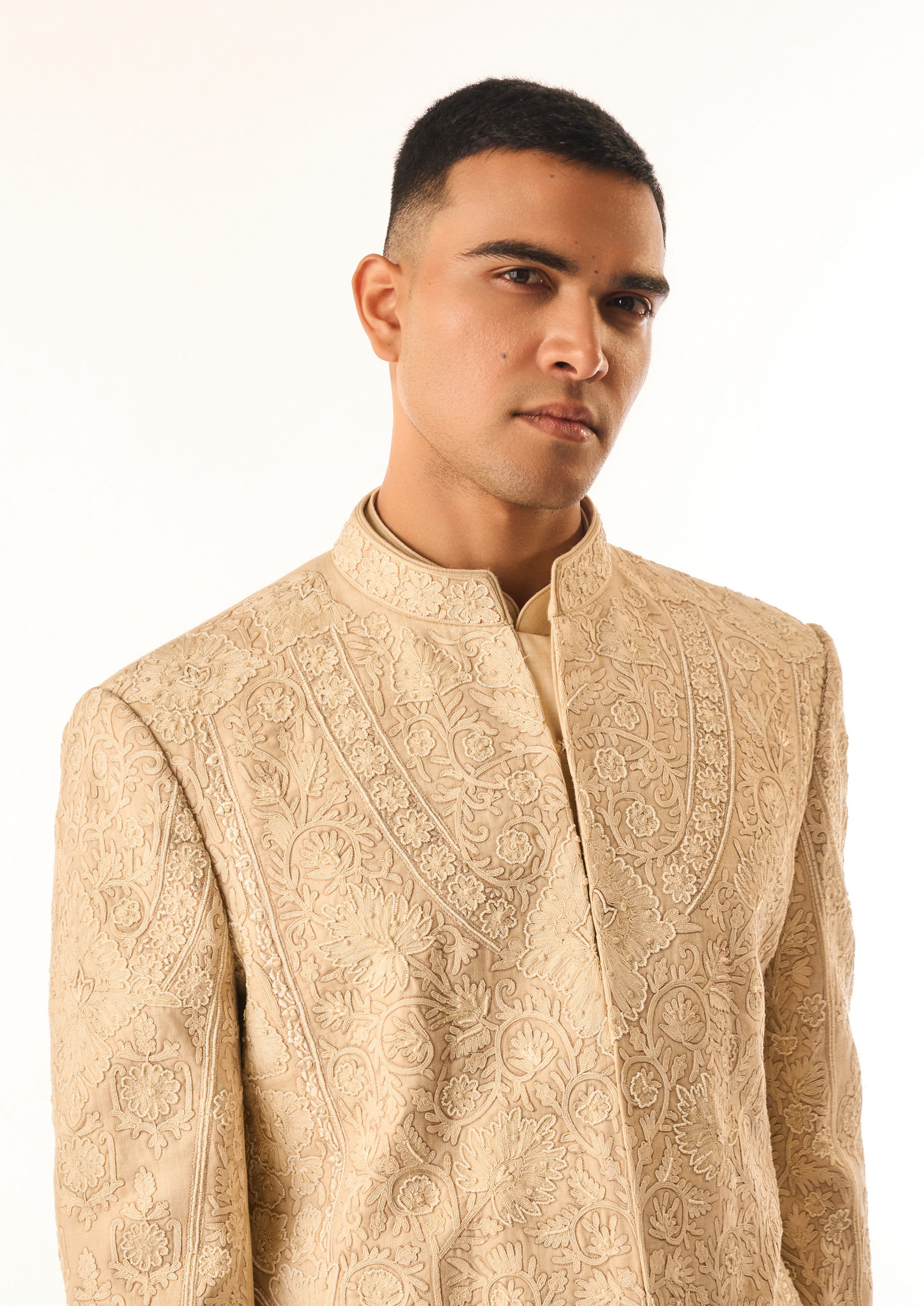 Twamev Men Beige Art Silk Indo Western Kurta with Embroidery