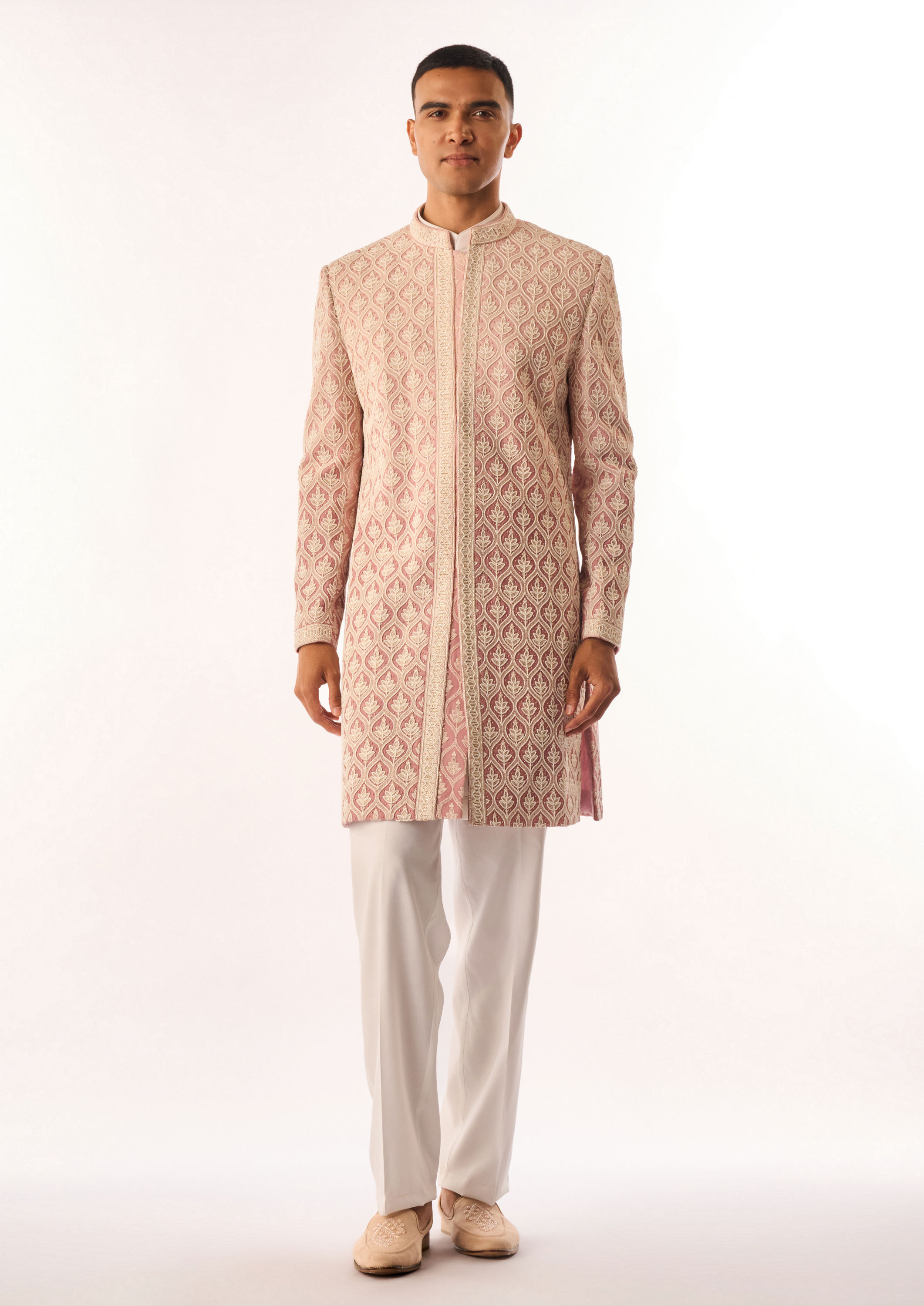 Twamev Men Pink Georgette Indo Western with Embroidery