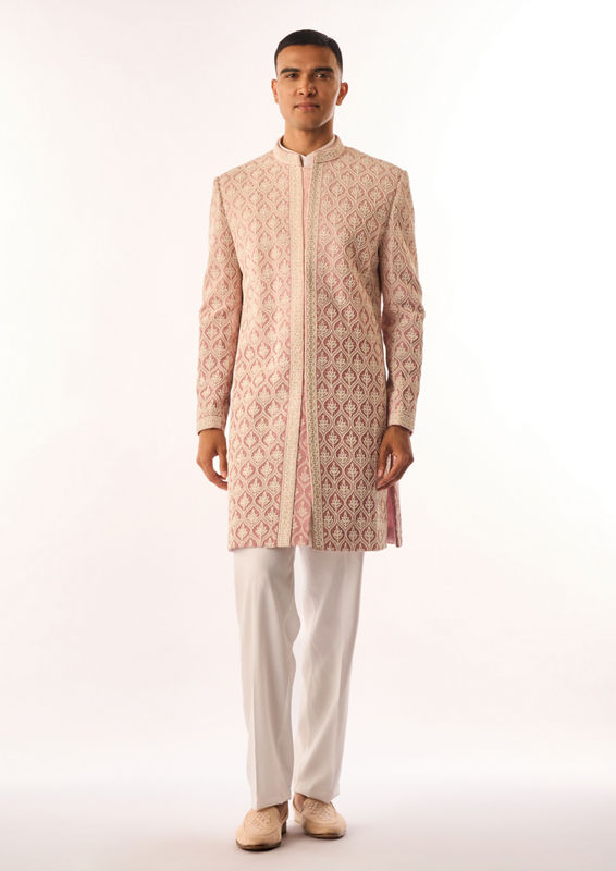 Twamev Men Pink Georgette Indo Western with Embroidery