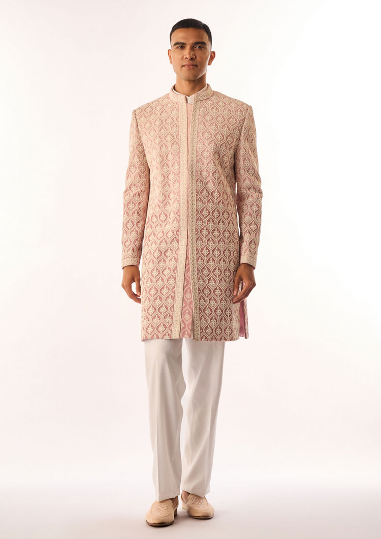 Twamev Men Pink Georgette Indo Western with Embroidery