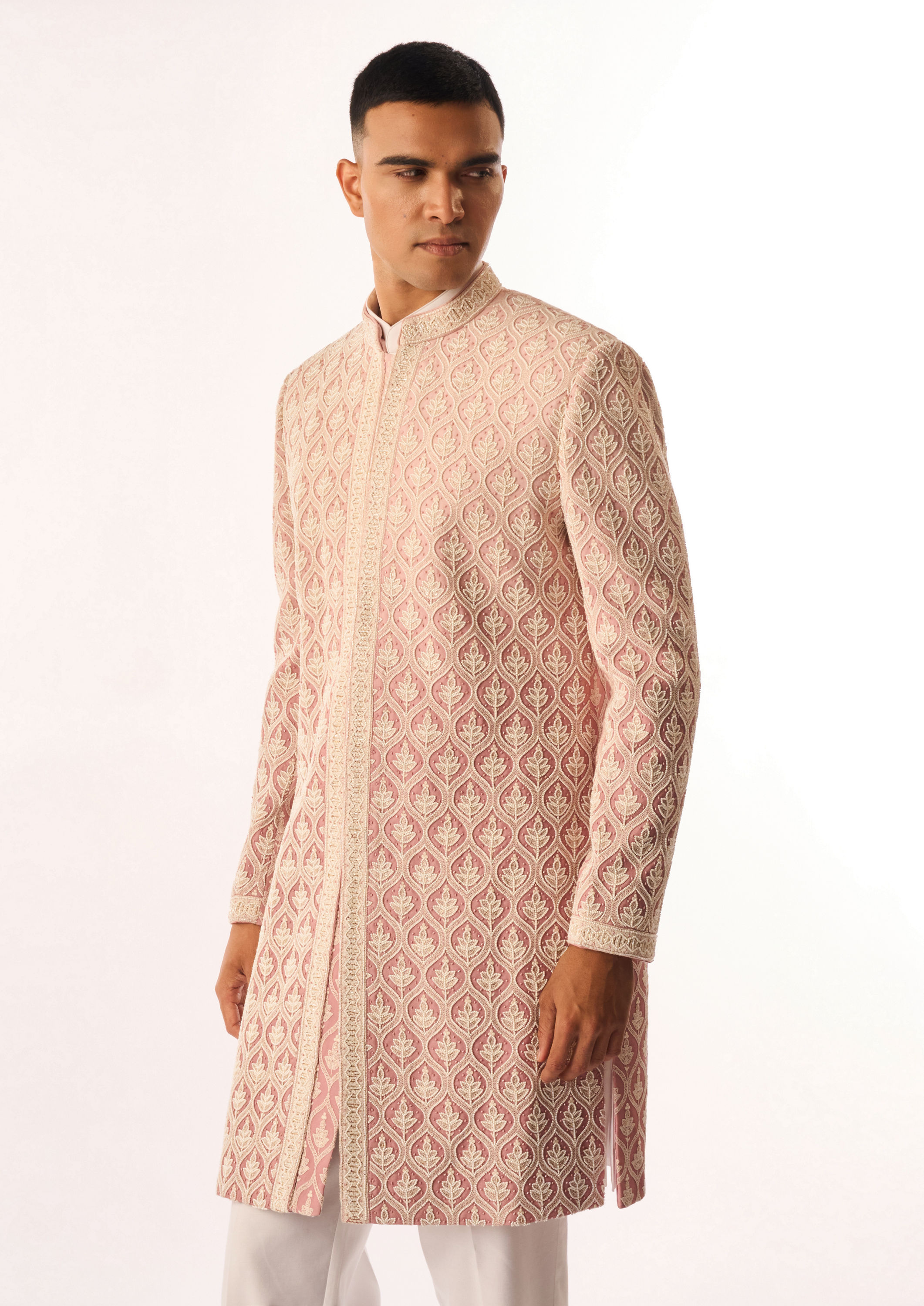 Twamev Men Pink Georgette Indo Western with Embroidery
