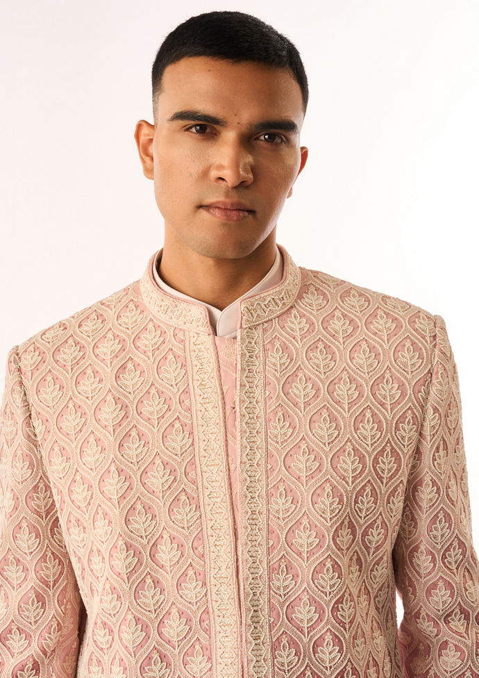 Twamev Men Pink Georgette Indo Western with Embroidery