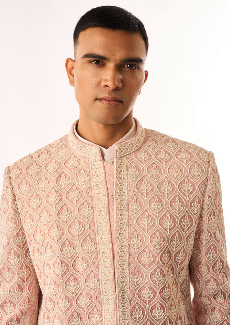 Twamev Men Pink Georgette Indo Western with Embroidery