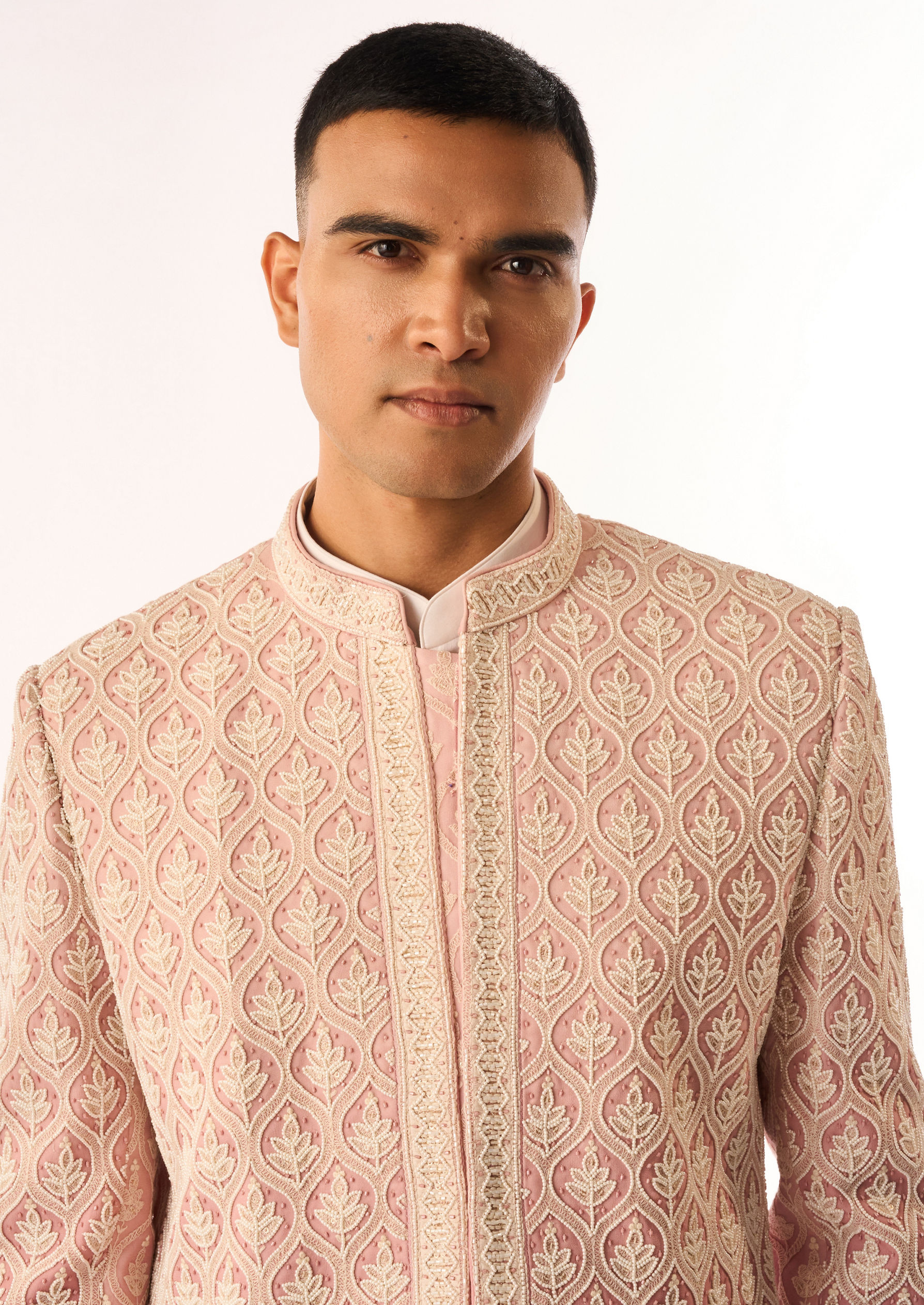 Twamev Men Pink Georgette Indo Western with Embroidery
