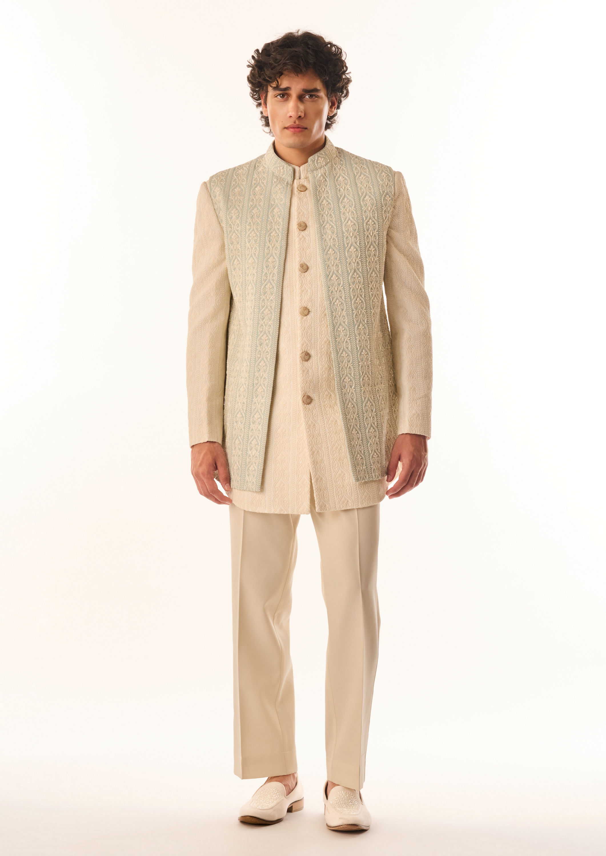 Twamev Men Aqua Green Georgette Indo Western Jacket