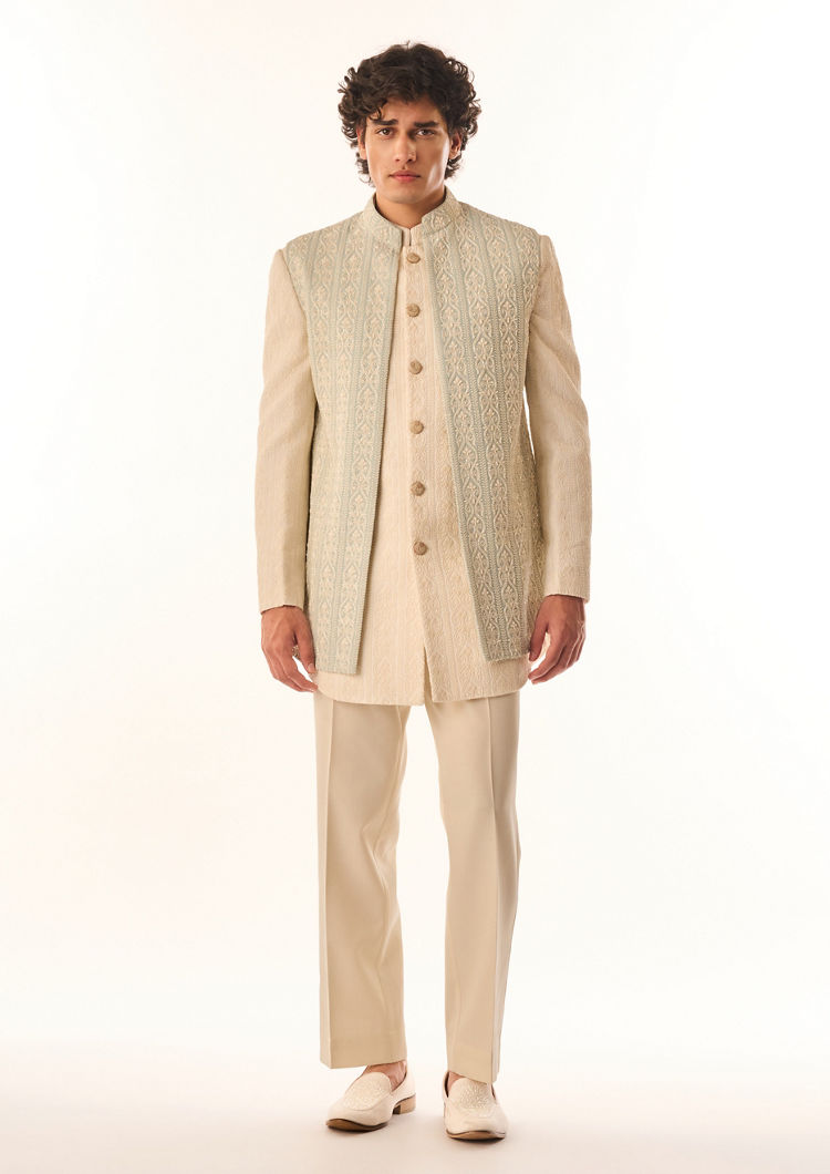 Twamev Men Aqua Green Georgette Indo Western Jacket