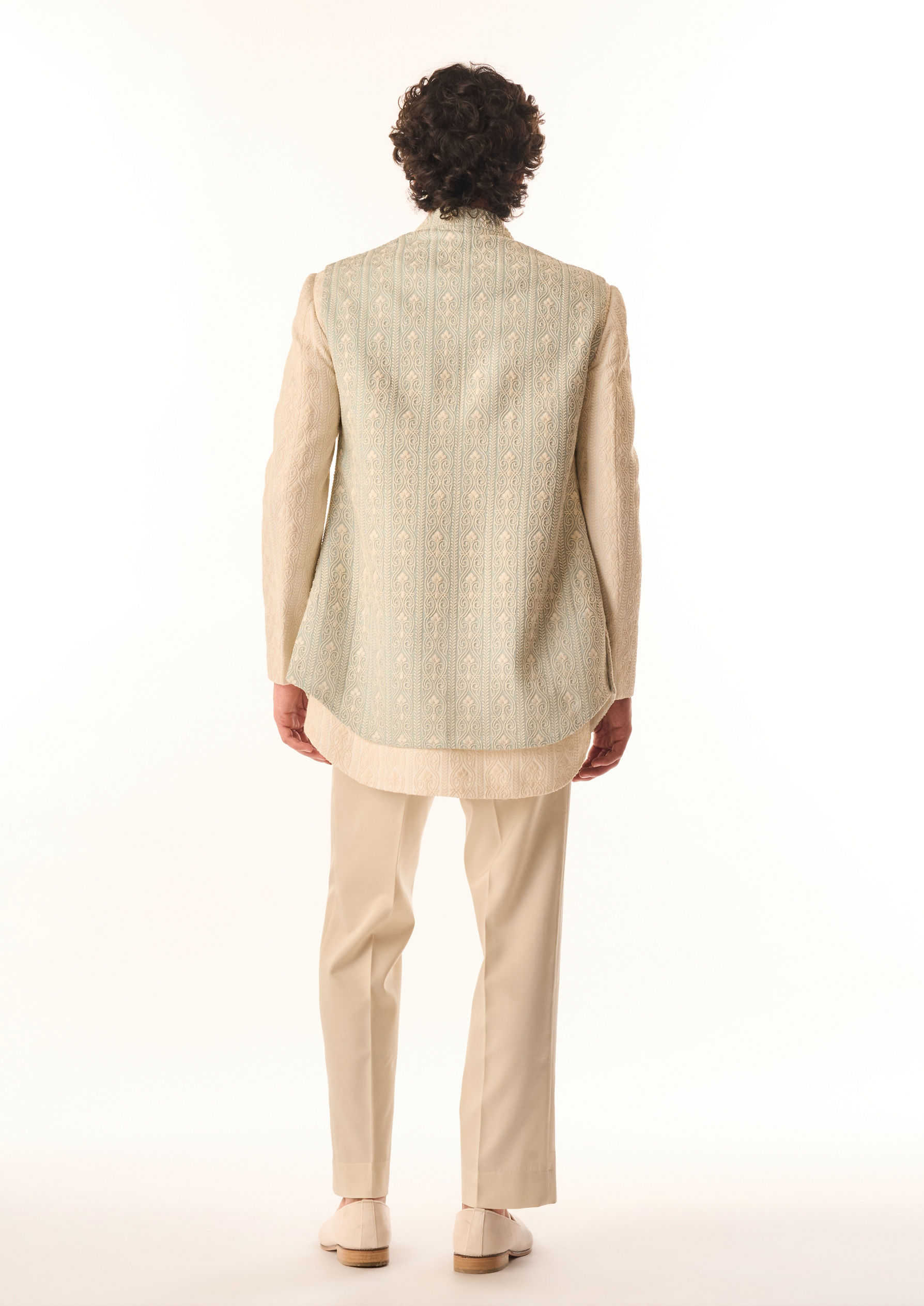 Twamev Men Aqua Green Georgette Indo Western Jacket