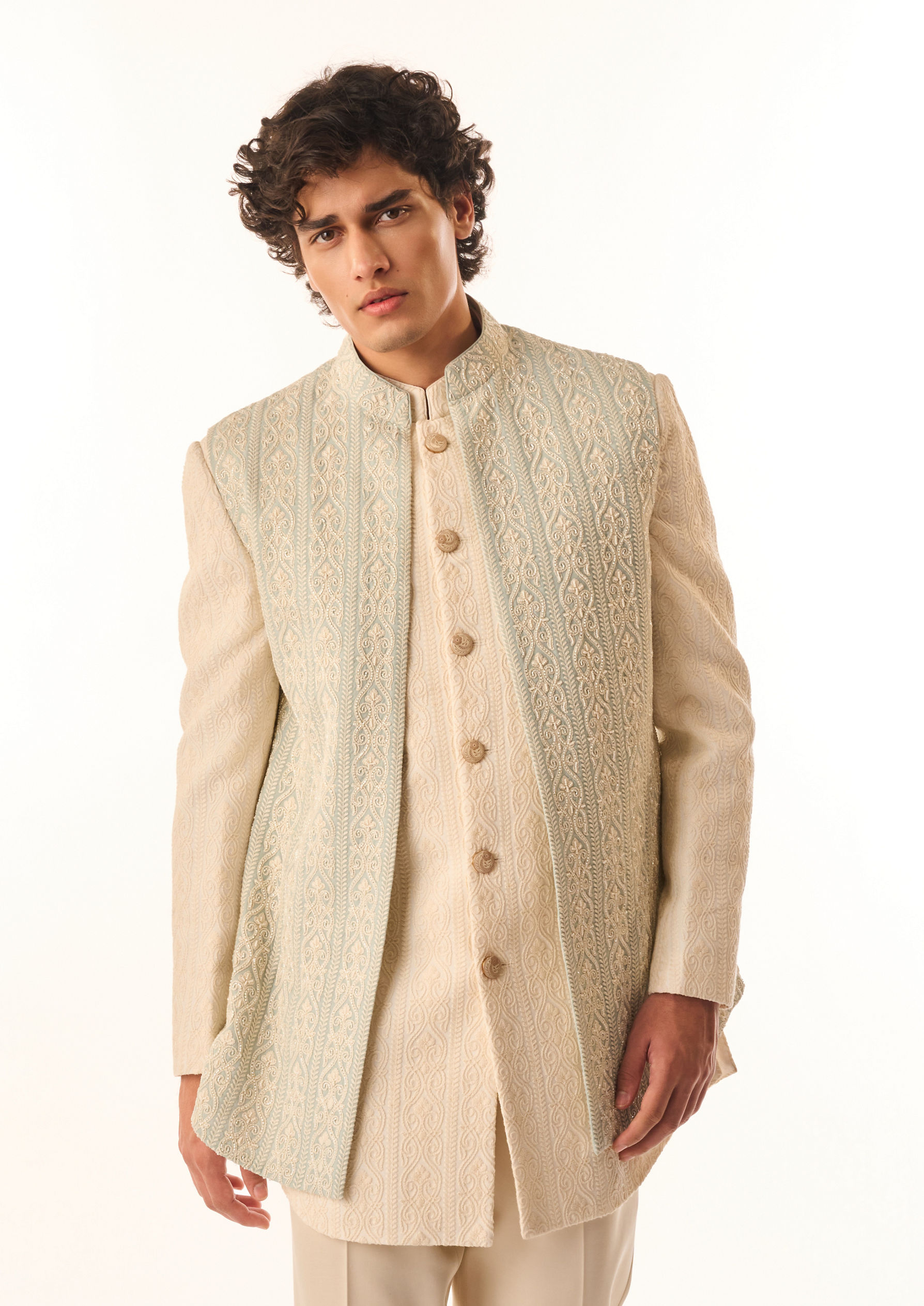 Twamev Men Aqua Green Georgette Indo Western Jacket