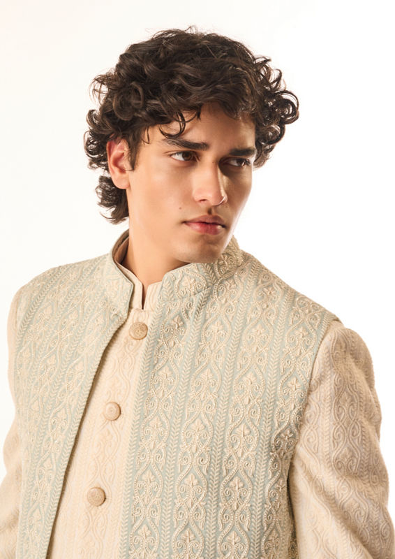 Twamev Men Aqua Green Georgette Indo Western Jacket