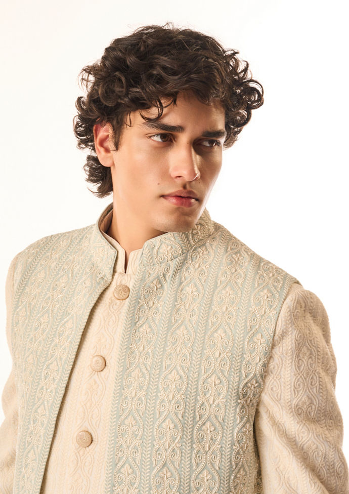 Twamev Men Aqua Green Georgette Indo Western Jacket