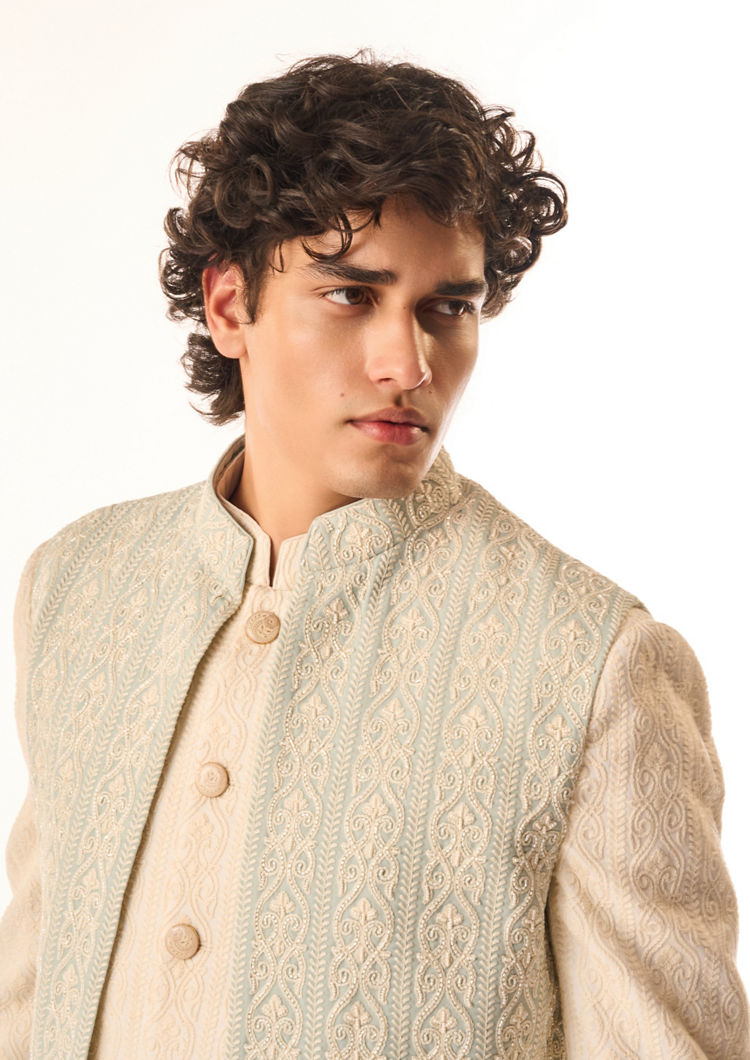 Twamev Men Aqua Green Georgette Indo Western Jacket