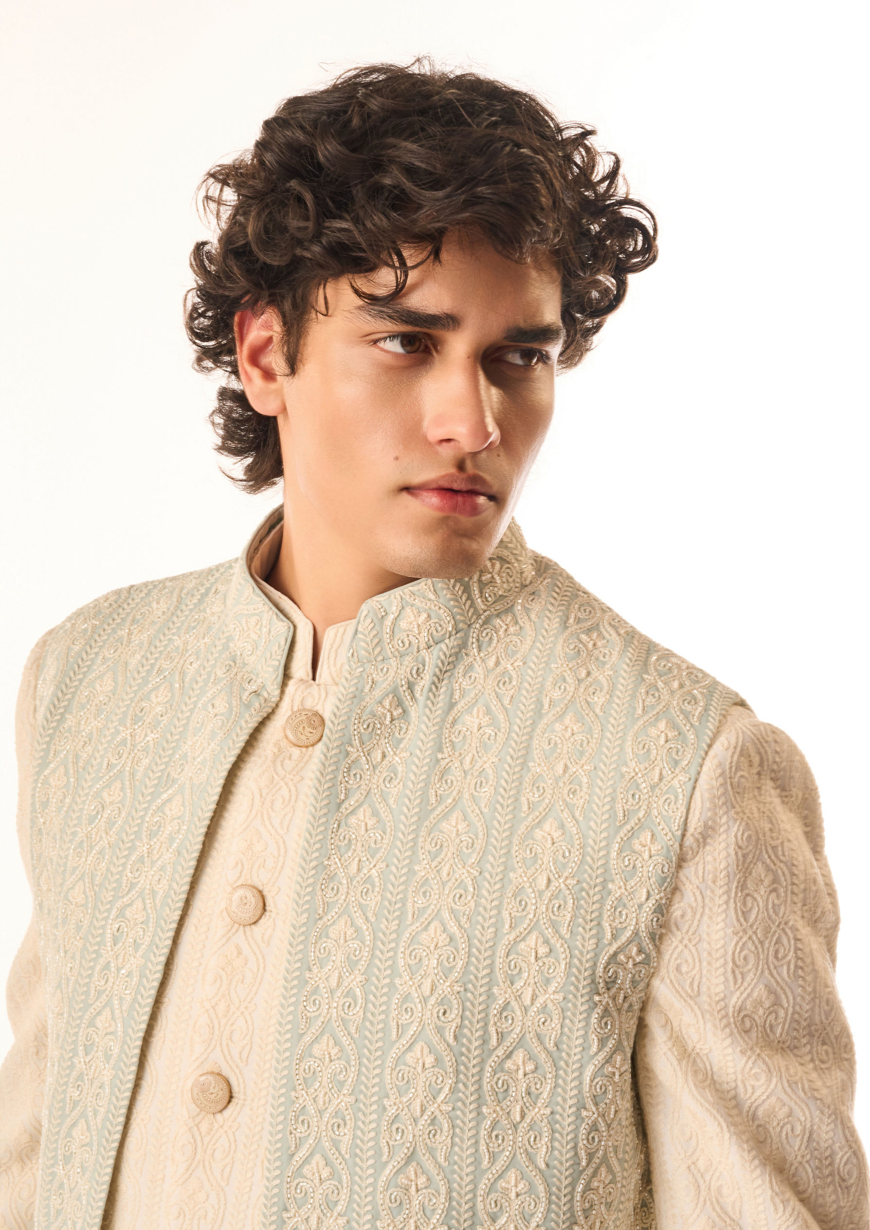 Twamev Men Aqua Green Georgette Indo Western Jacket