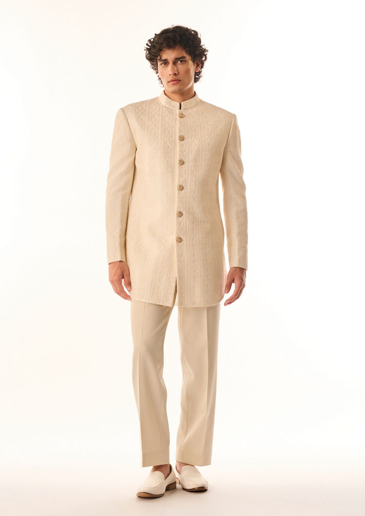 Twamev Men Aqua Green Georgette Indo Western Jacket
