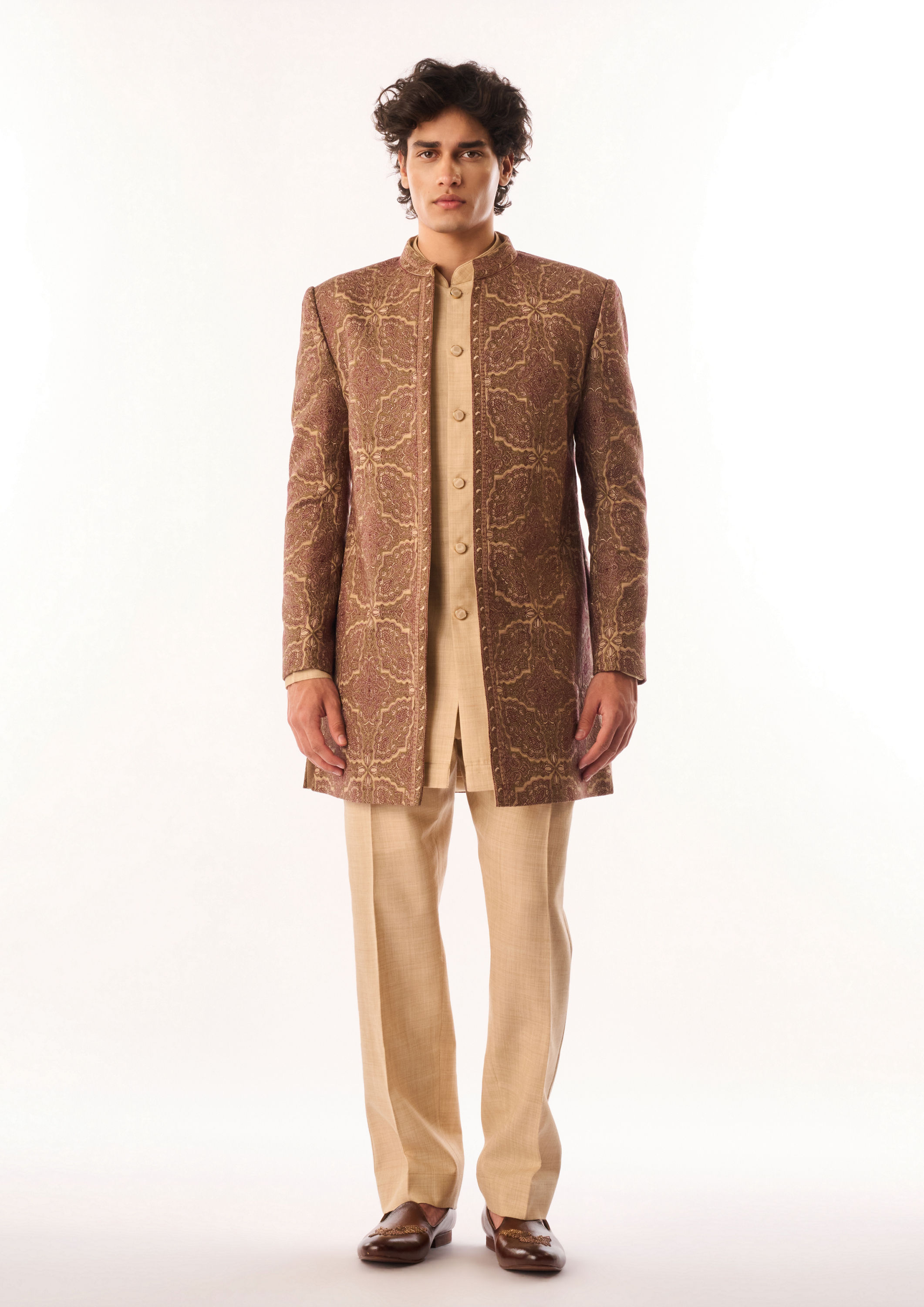 Twamev Men Beige Silk Indo Western Jacket with Embroidery