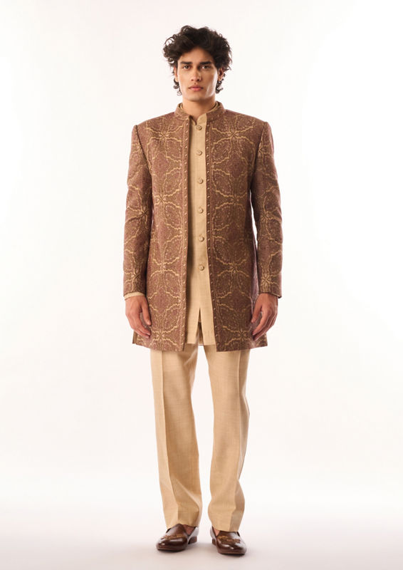 Twamev Men Beige Silk Indo Western Jacket with Embroidery