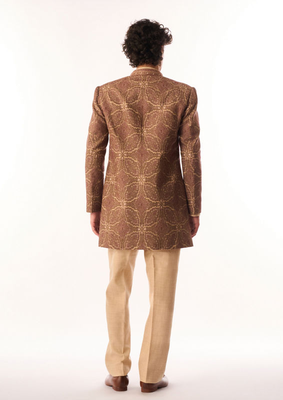 Twamev Men Beige Silk Indo Western Jacket with Embroidery