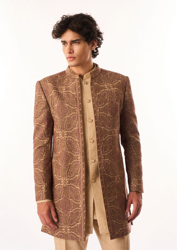 Twamev Men Beige Silk Indo Western Jacket with Embroidery