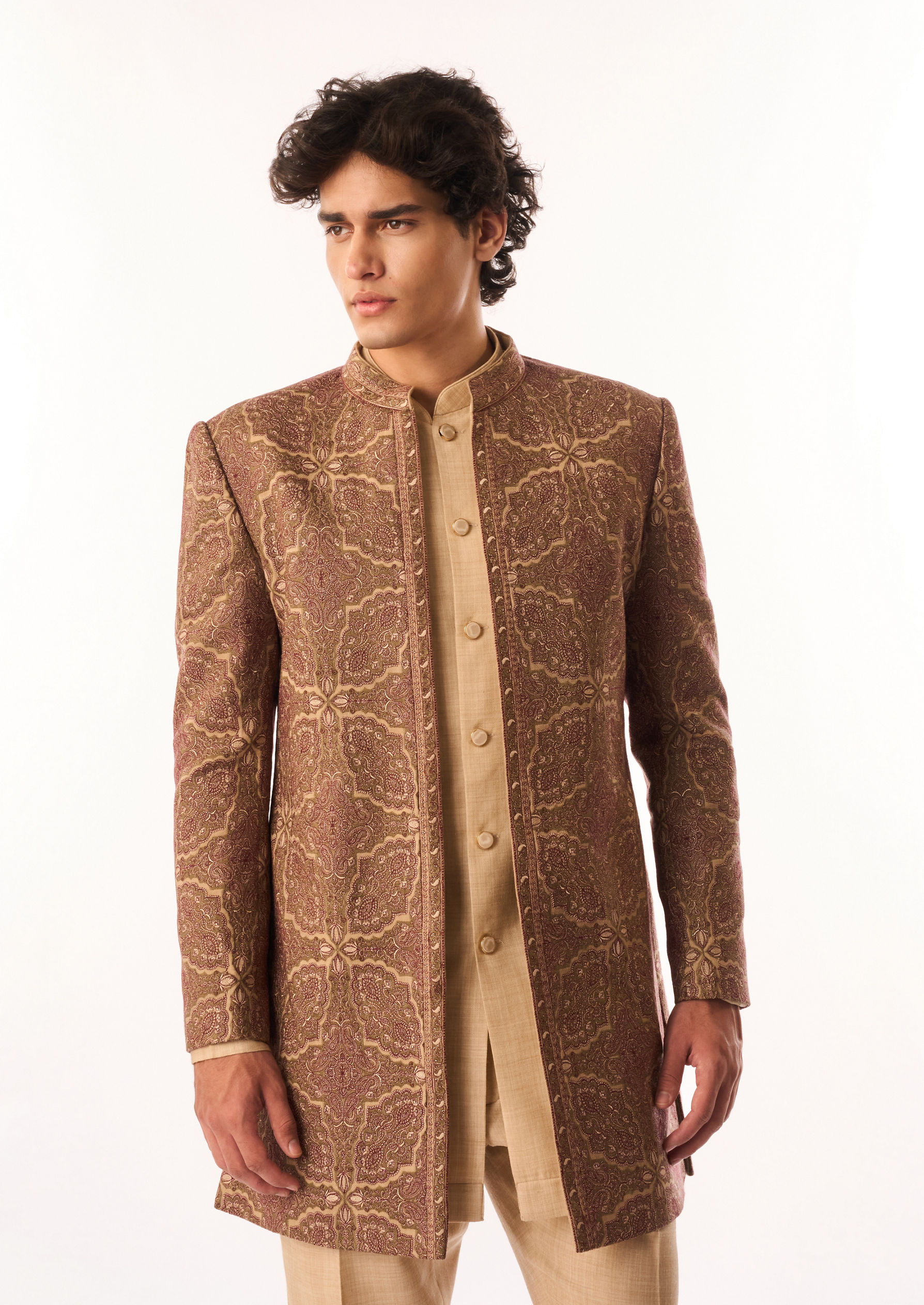 Twamev Men Beige Silk Indo Western Jacket with Embroidery