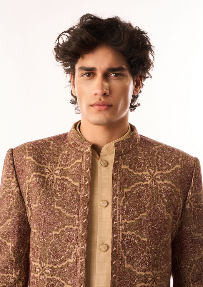 Twamev Men Beige Silk Indo Western Jacket with Embroidery