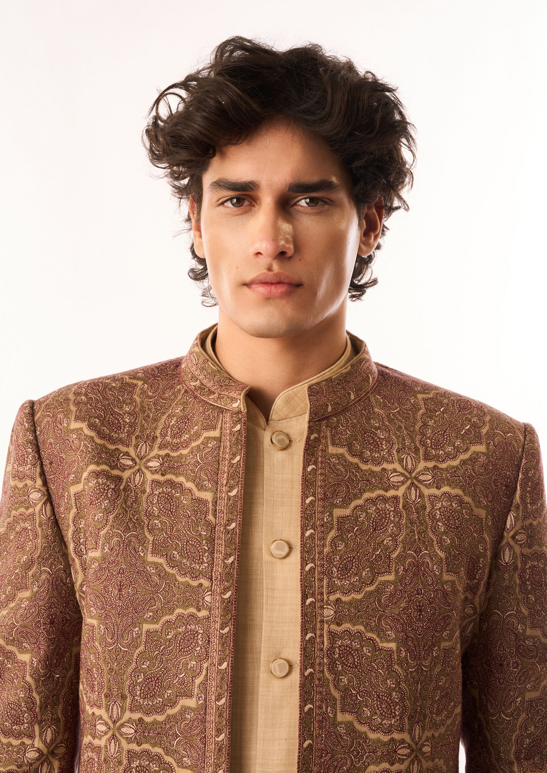 Twamev Men Beige Silk Indo Western Jacket with Embroidery