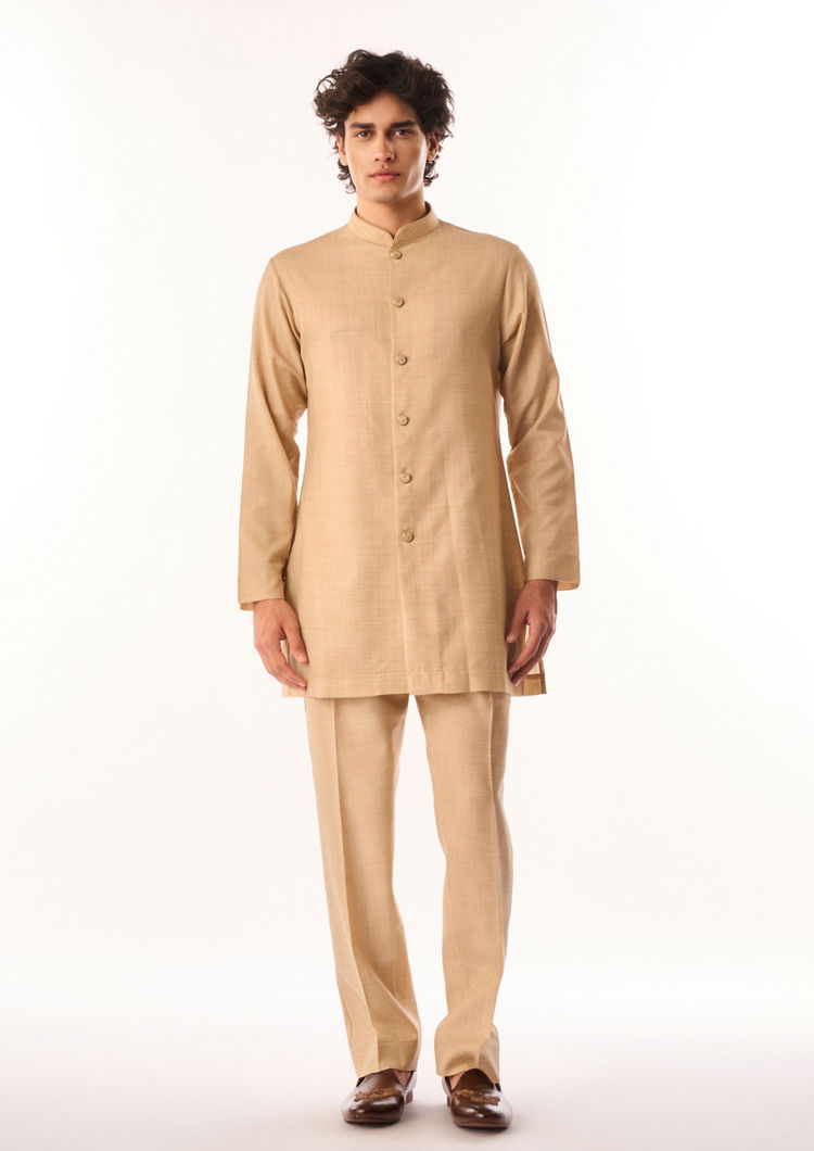 Twamev Men Beige Silk Indo Western Jacket with Embroidery