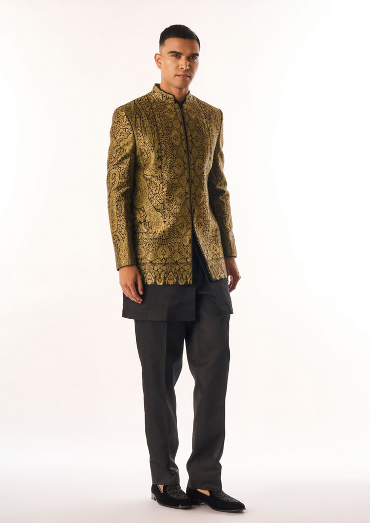 Twamev Men Black Silk Indo Western Jacket with Embroidery