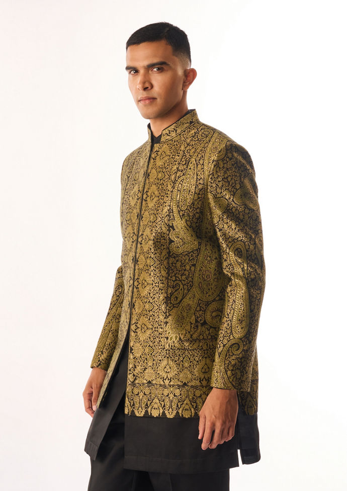 Twamev Men Black Silk Indo Western Jacket with Embroidery