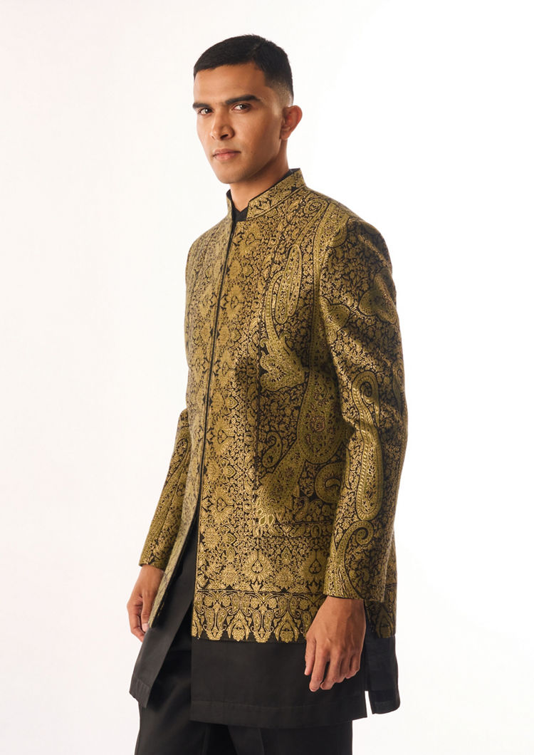 Twamev Men Black Silk Indo Western Jacket with Embroidery