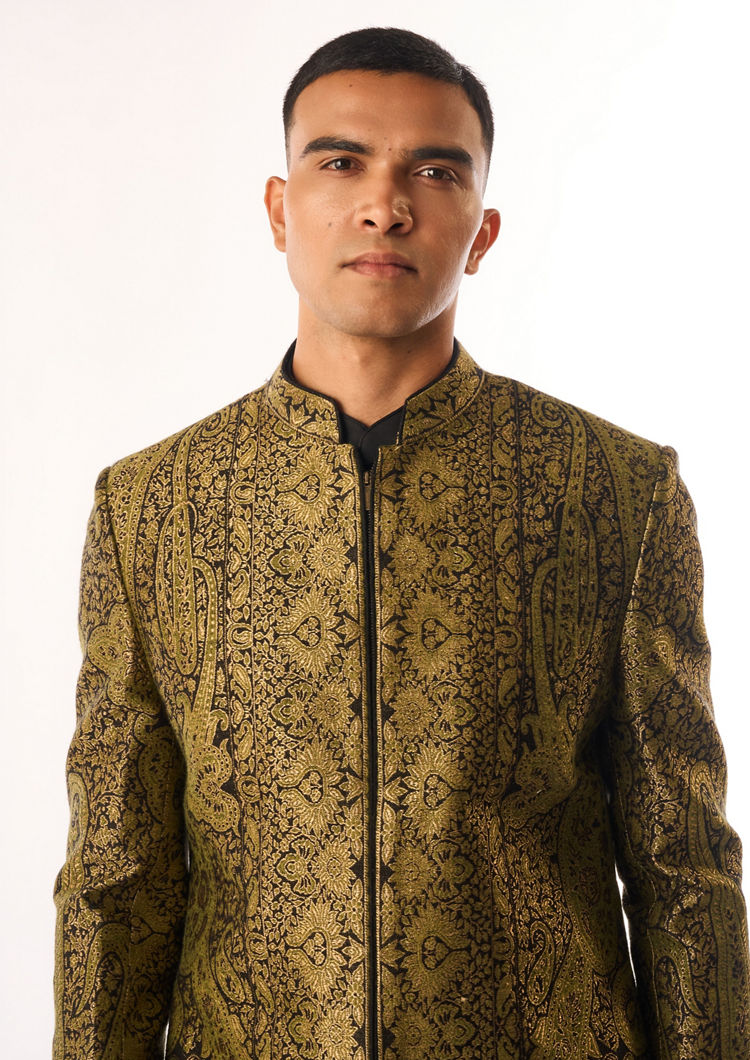 Twamev Men Black Silk Indo Western Jacket with Embroidery