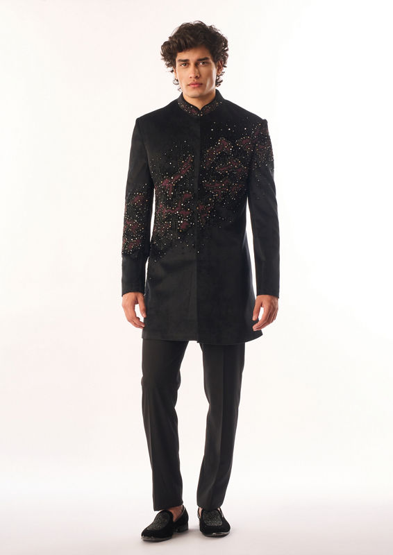 Twamev Men Black Velvet Indo Western with Embroidery