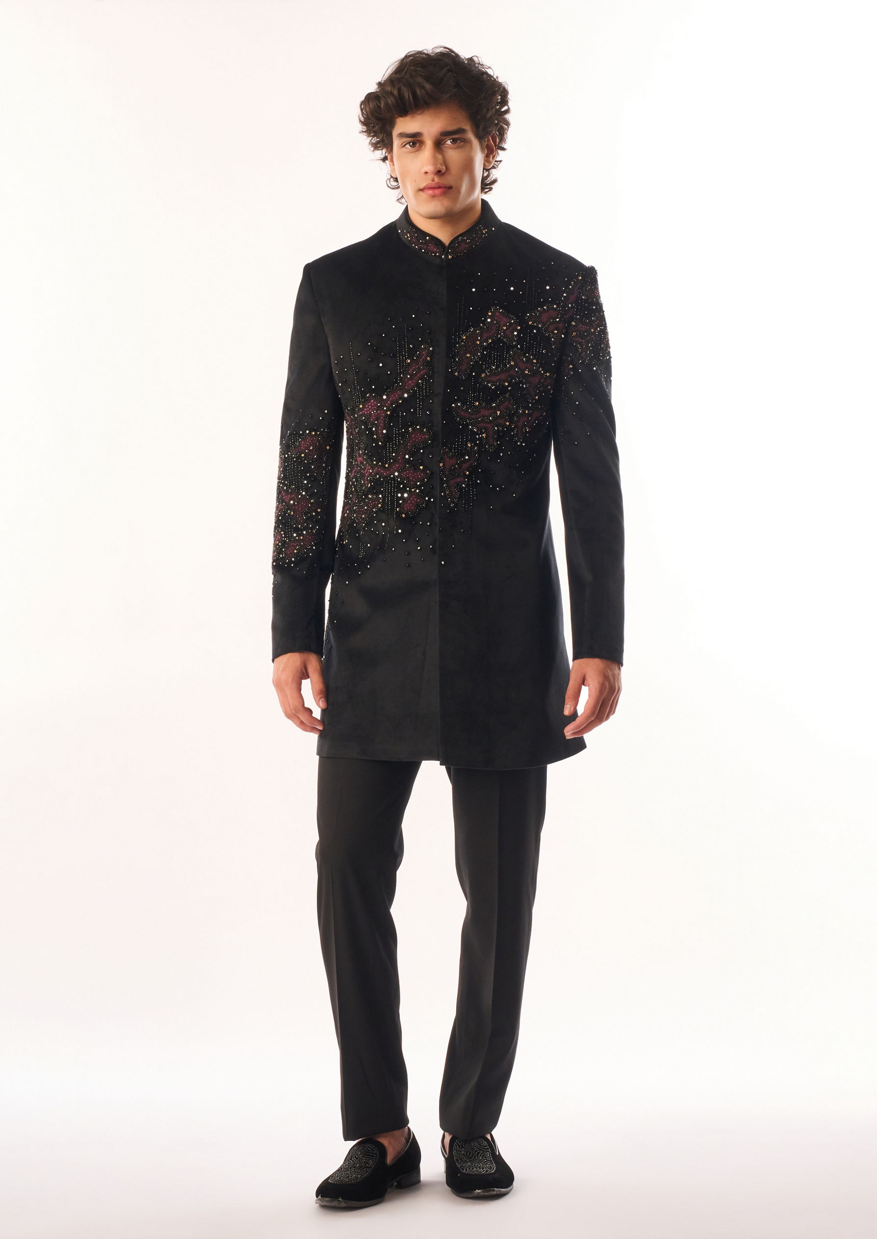 Twamev Men Black Velvet Indo Western with Embroidery