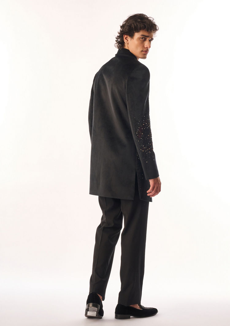 Twamev Men Black Velvet Indo Western with Embroidery