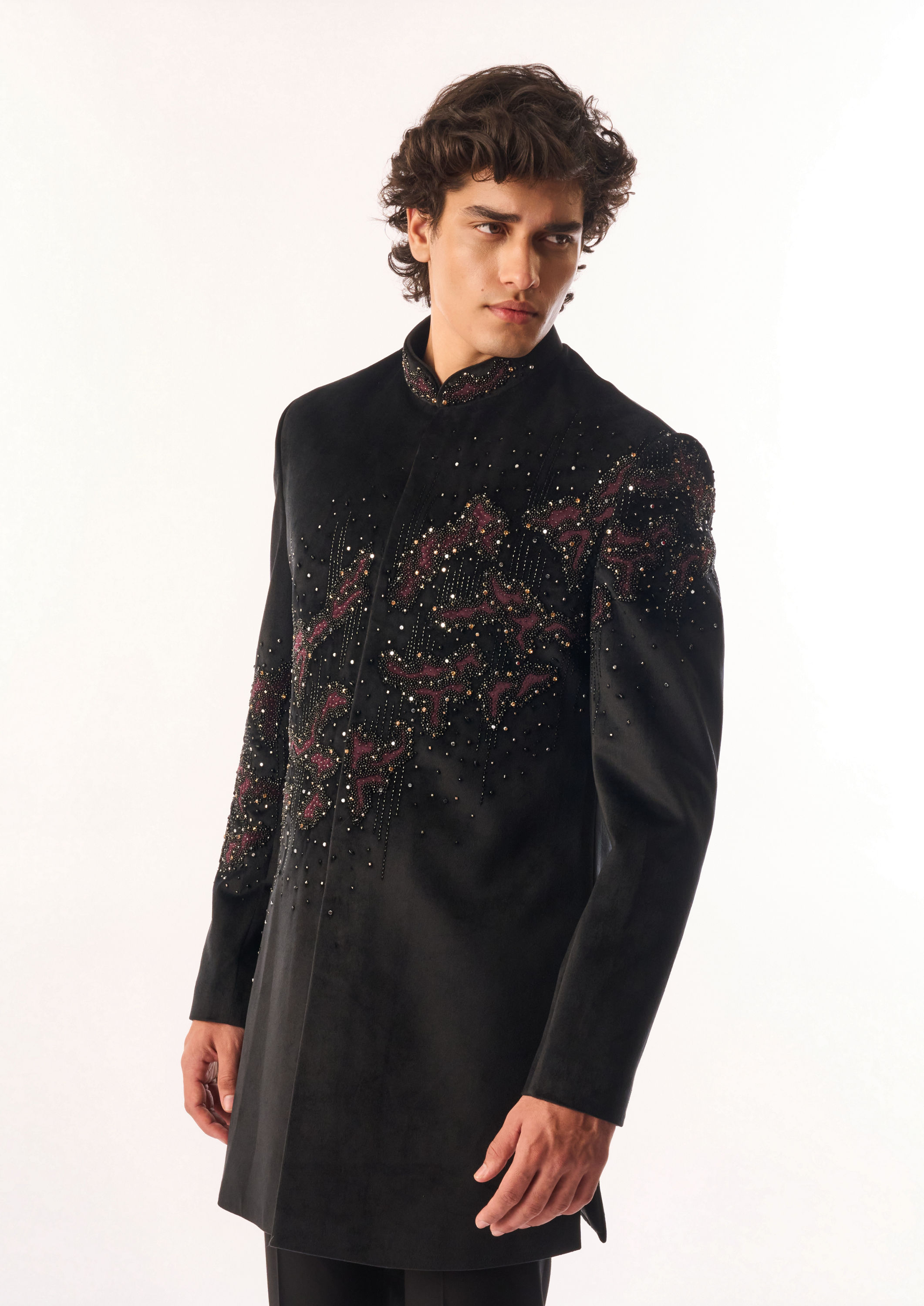 Twamev Men Black Velvet Indo Western with Embroidery