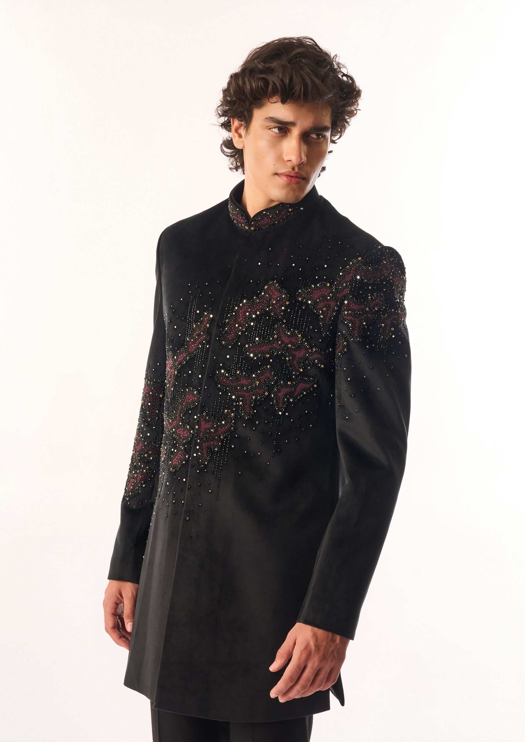 Twamev Men Black Velvet Indo Western with Embroidery