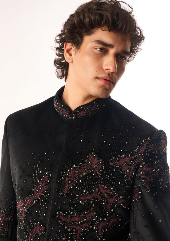 Twamev Men Black Velvet Indo Western with Embroidery