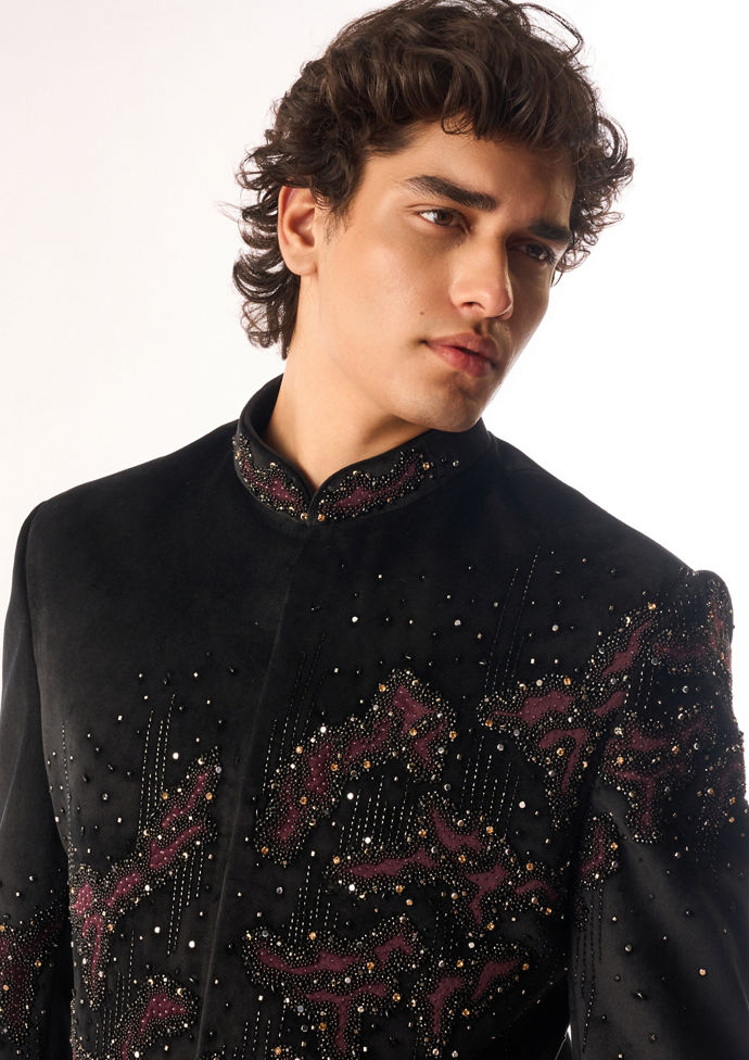 Twamev Men Black Velvet Indo Western with Embroidery