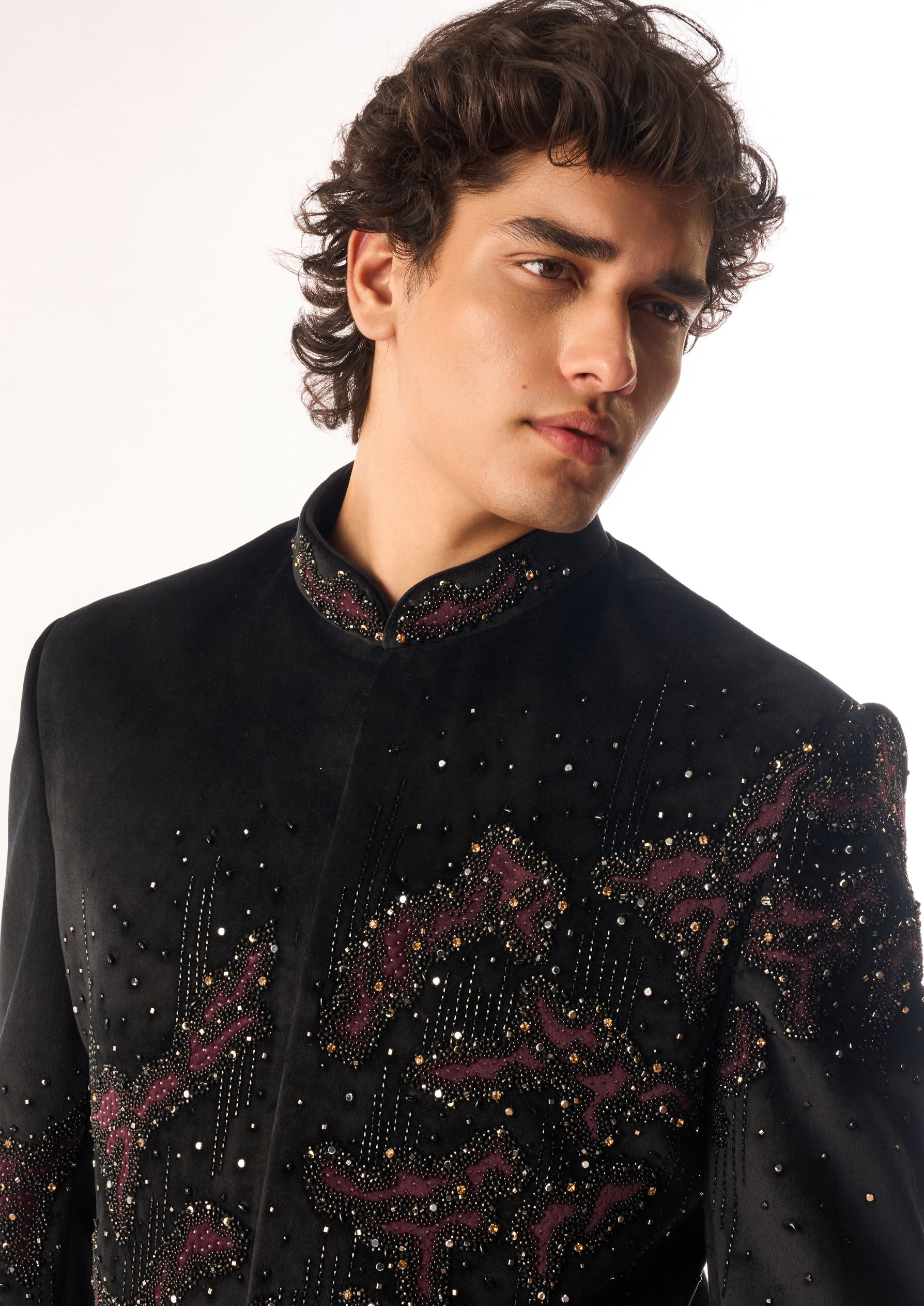 Twamev Men Black Velvet Indo Western with Embroidery