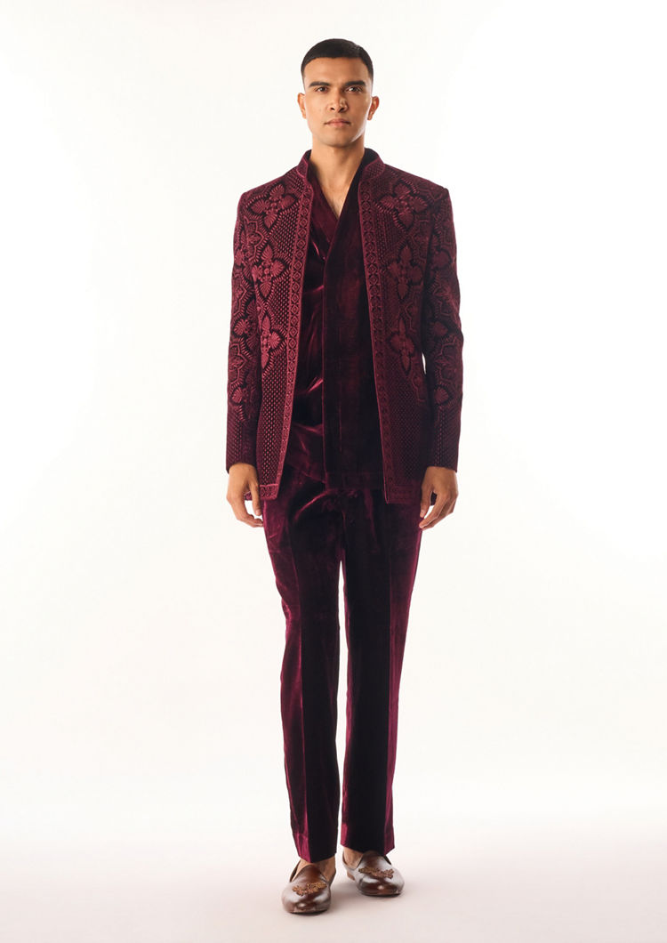 Twamev Men Maroon Velvet Indo Western Jacket with Embroidery