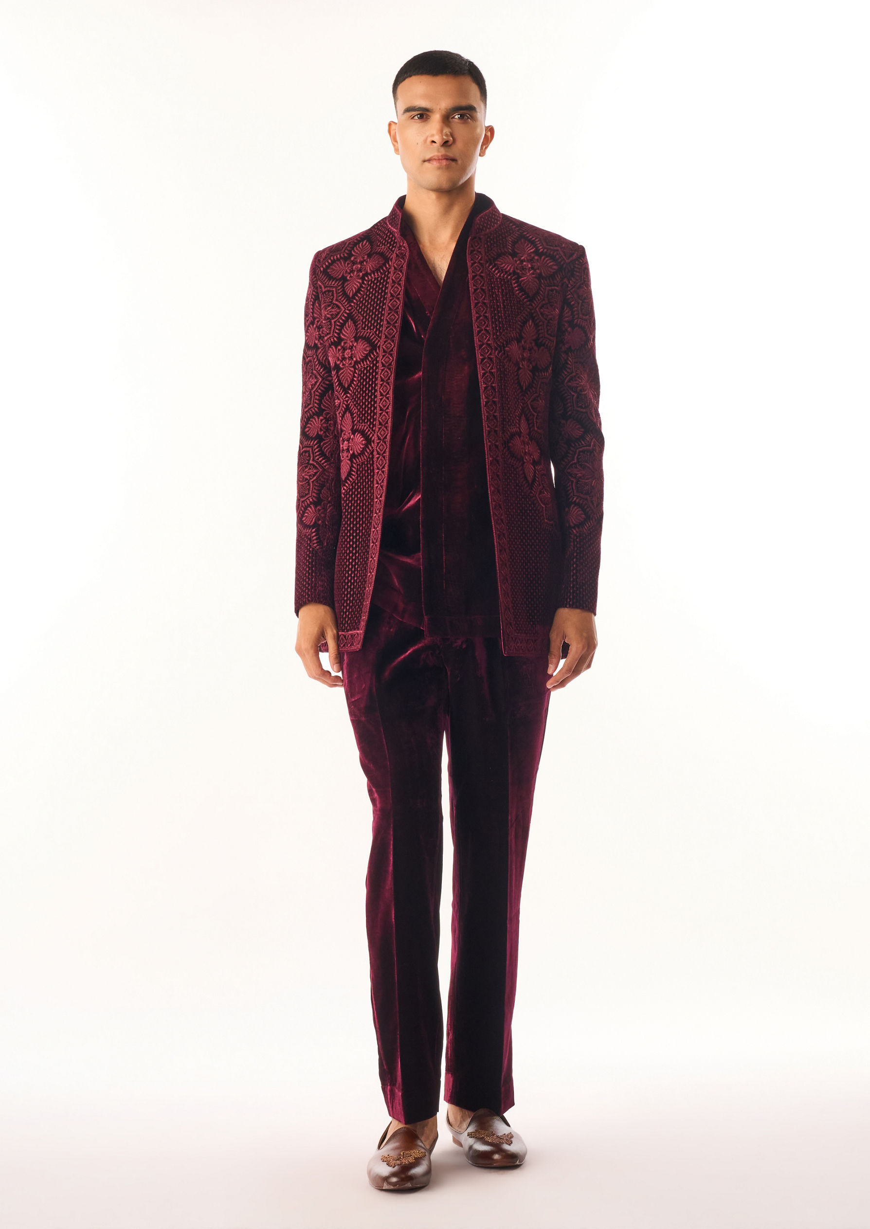 Twamev Men Maroon Velvet Indo Western Jacket with Embroidery