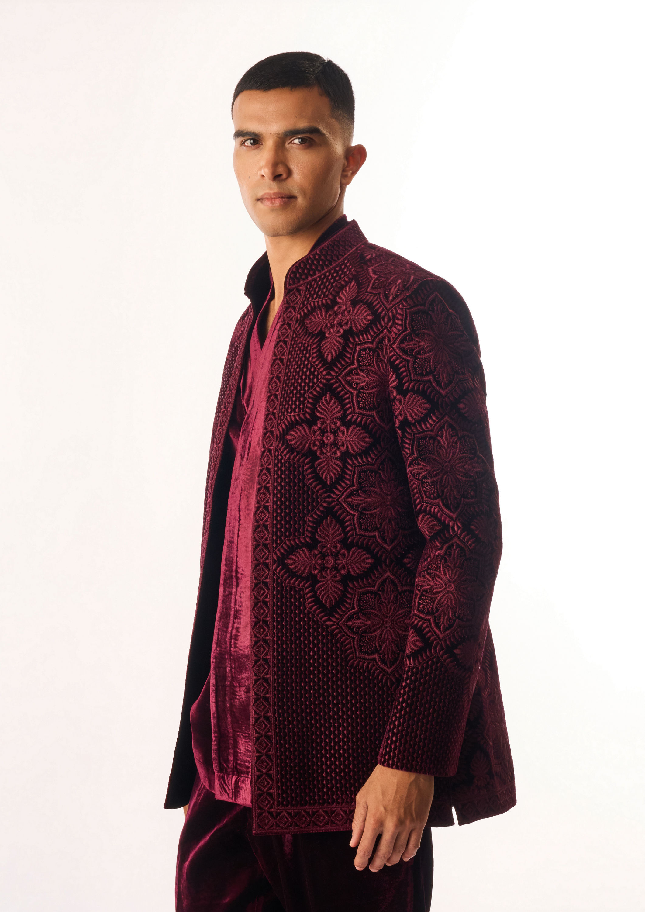 Twamev Men Maroon Velvet Indo Western Jacket with Embroidery