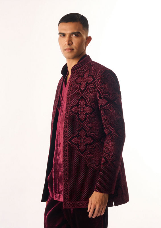 Twamev Men Maroon Velvet Indo Western Jacket with Embroidery