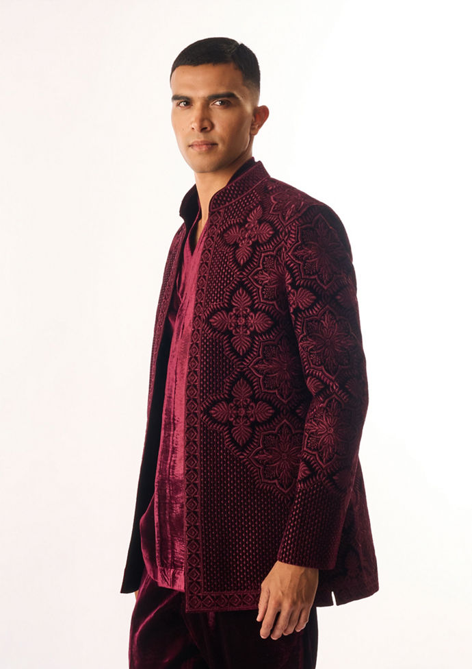 Twamev Men Maroon Velvet Indo Western Jacket with Embroidery