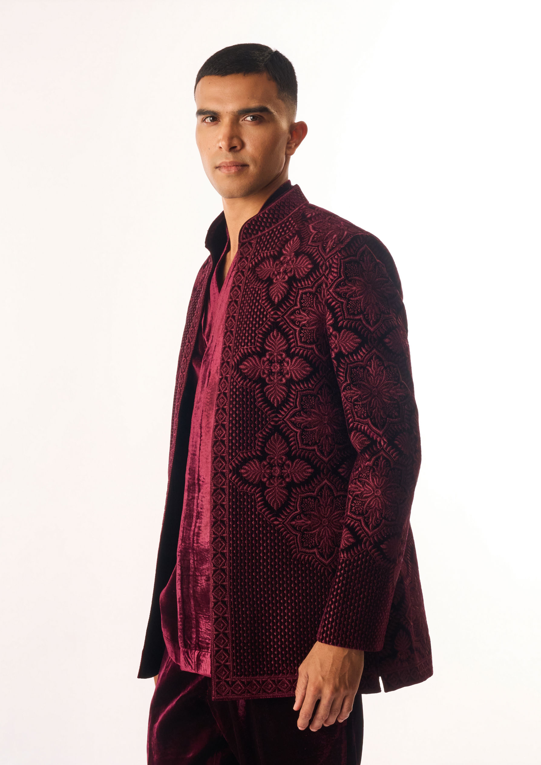 Twamev Men Maroon Velvet Indo Western Jacket with Embroidery