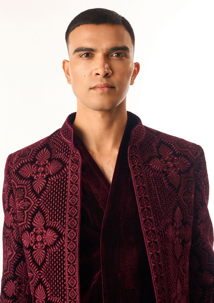 Twamev Men Maroon Velvet Indo Western Jacket with Embroidery