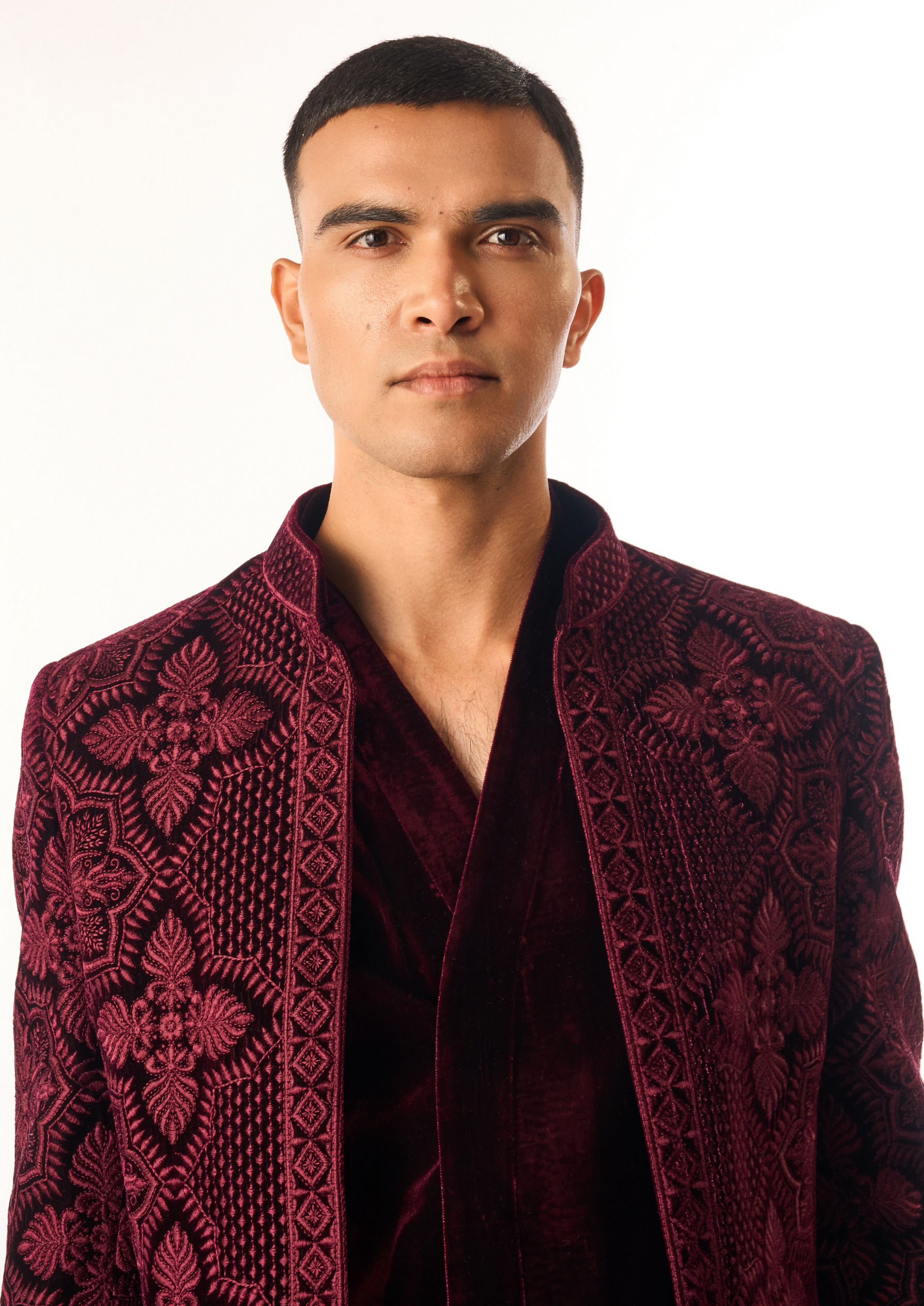 Twamev Men Maroon Velvet Indo Western Jacket with Embroidery