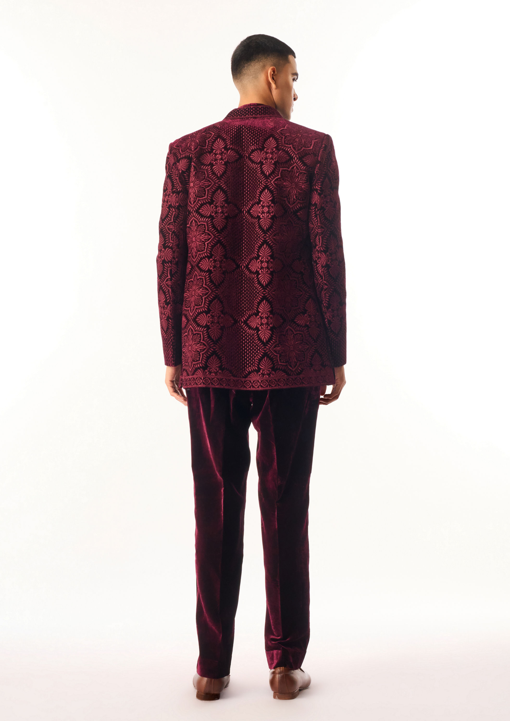 Twamev Men Maroon Velvet Indo Western Jacket with Embroidery