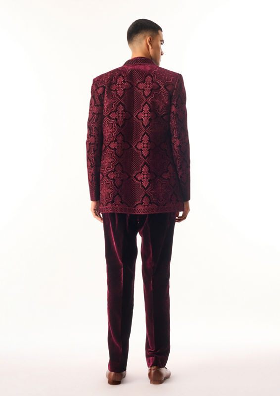 Twamev Men Maroon Velvet Indo Western Jacket with Embroidery
