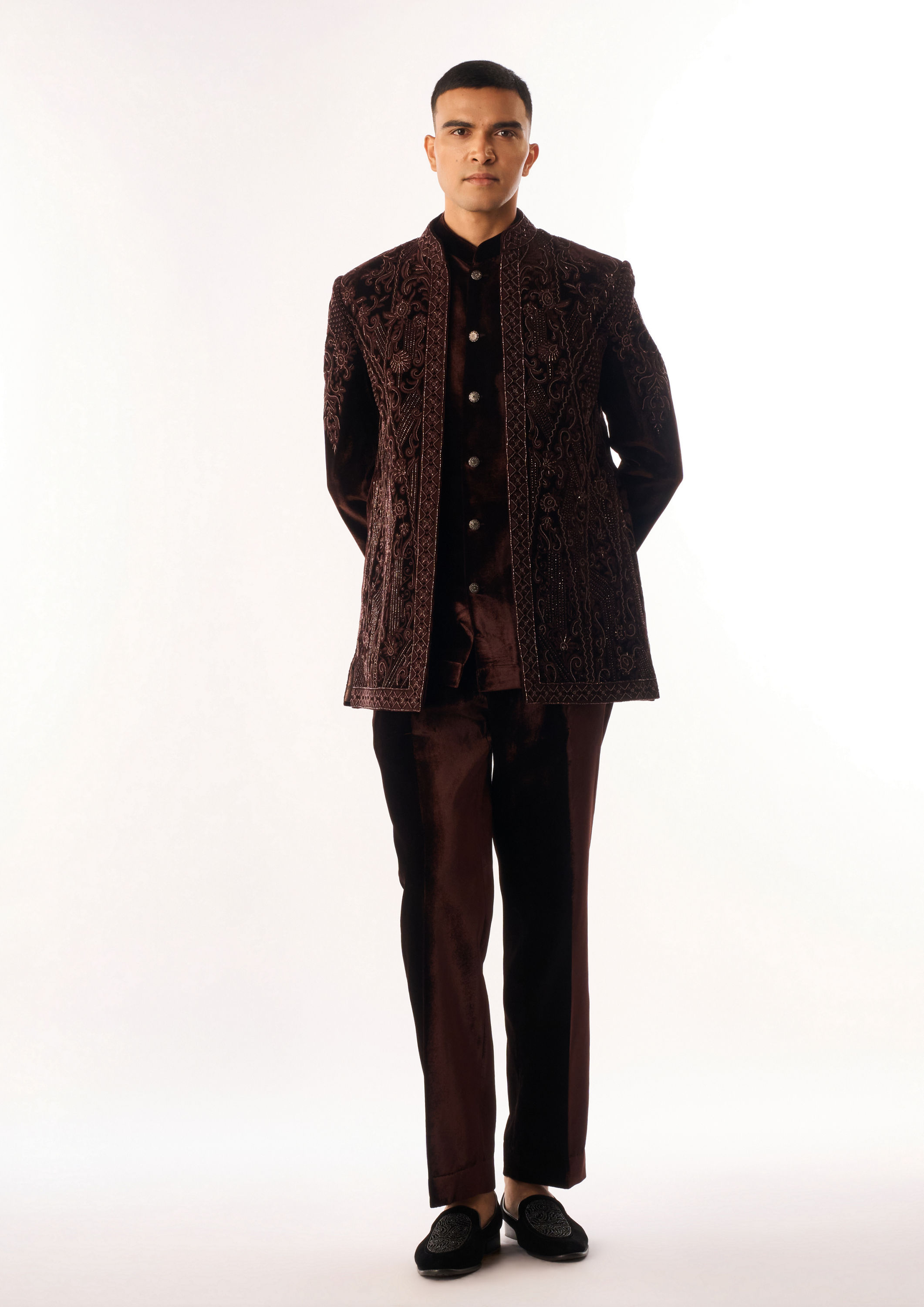 Twamev Men Brown Velvet Indo Western Jacket with Embroidery