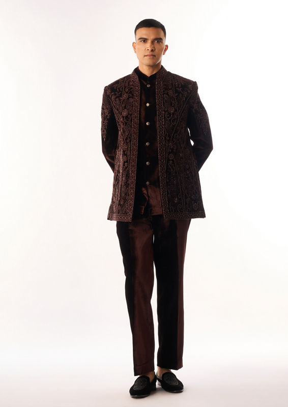 Twamev Men Brown Velvet Indo Western Jacket with Embroidery